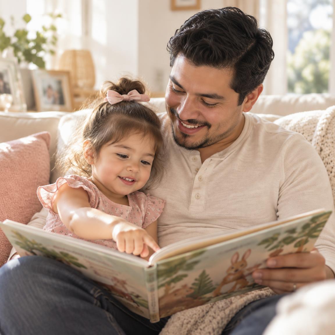 Padre y su hija pequeña leyendo juntos en casa